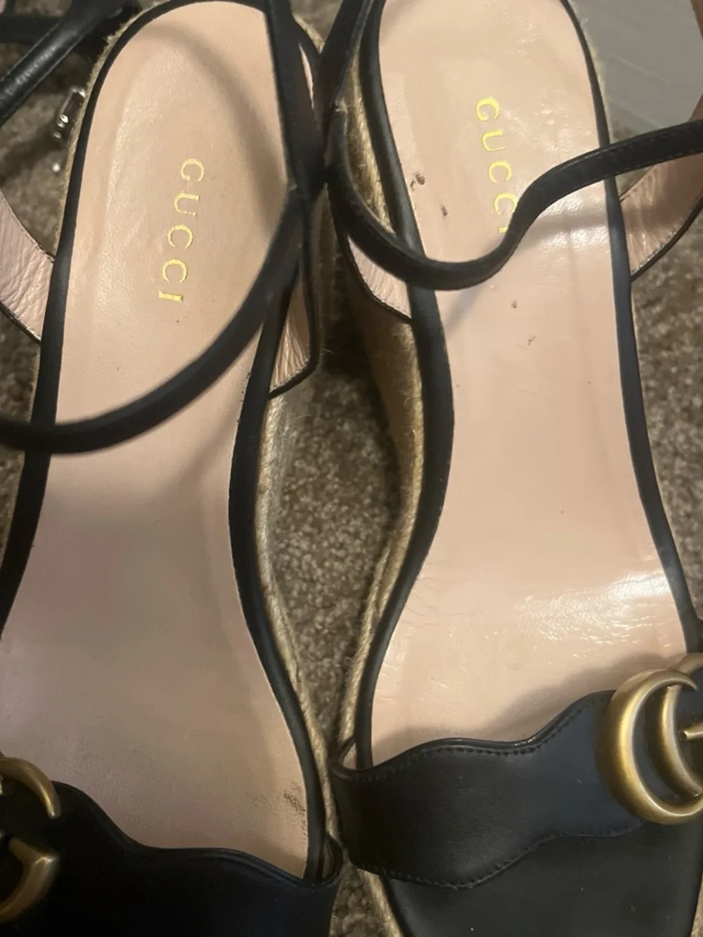 Gucci Black Leather Wedge Sandals with Gold Logo